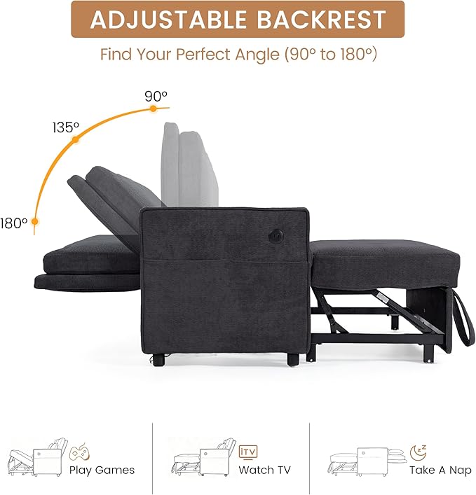 Convertible Sofa Bed 3-in-1 Sleeper Sofa with Pull-Out Bed Chenille Couch Folding Loveseat USB Ports &amp Adjustable Backrest Modern Loveseat for Living Room Apartment Black