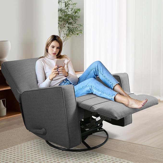 Swivel Rocker Recliner Chair for Adults High Back Fabric Recliner with Deep Seat Manual Glider for Living Room &amp Nursery Charcoal