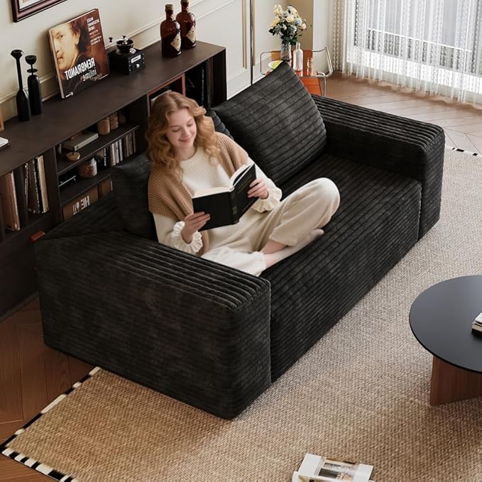 71 3Setaser SofaCorduroy FabricDeep Seat CouchesComfy Loveseat SofaNo Assembly1pcs for Living Room BedroomConference RoomApartment (Black-63)