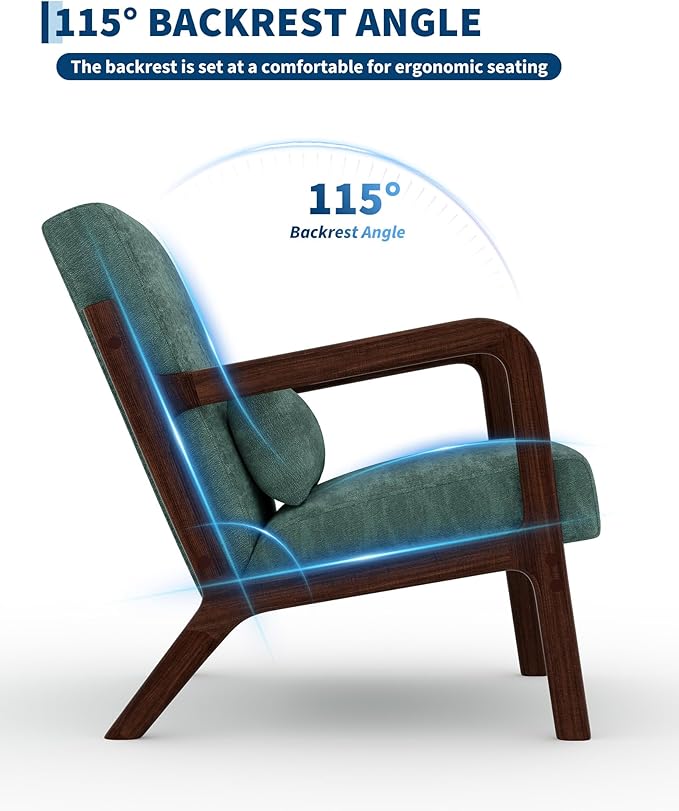 Garvee Mid-Century Modern Accent Chair Chenille Upholstery Solid Wood Armchair with Removable Lumbar Pillow Sturdy Reading Chair for Living Room Bedroom Guest Room Easy Assembly Green