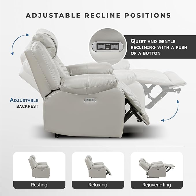 Lexicon Power Recliner Chair Faux Leather Upholstered Home Theater Seating with LED Lighting USB Charging Ports Single Wall Hugger Reclining Chair for Living Room/Bedroom Easy Assembly Gray