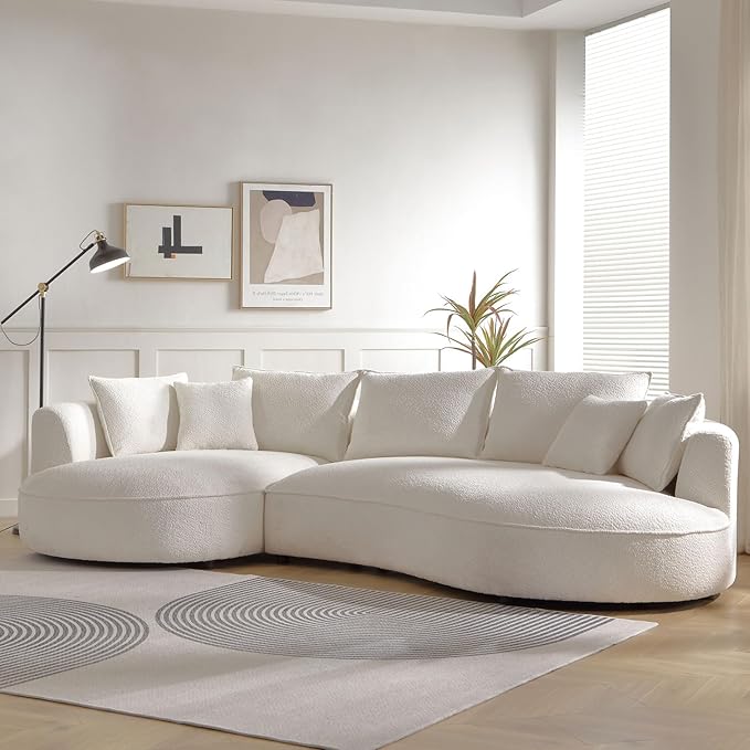 124.8 Beige Bonded Cloud Curved Sofa Living Room Modern Upholstery Boucle Comfy Cream White Modular Sectional Sofa with Pillows (Beige-Left Chaise Lounge 124.8 W x 63.9 D x 28.1 H)