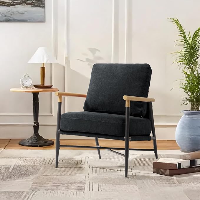 UIXE Chenille Armchair Modern Accent Chair for Living Room Cross Metal Frame Reading Arm Chair with Thicken Cushion Black