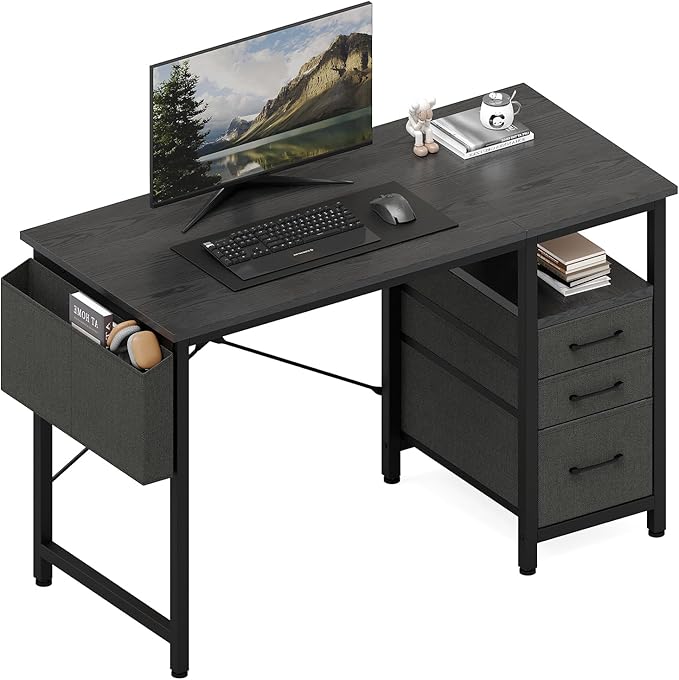 DUMOS 39 Computer Desk with Storage Small Home Office Desk with 3 Fabric Drawers &amp Side Pocket Space Saving Writing Desk for Apartment Dorm Gaming Workstation Black