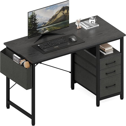 DUMOS 39 Computer Desk with Storage Small Home Office Desk with 3 Fabric Drawers &amp Side Pocket Space Saving Writing Desk for Apartment Dorm Gaming Workstation Black