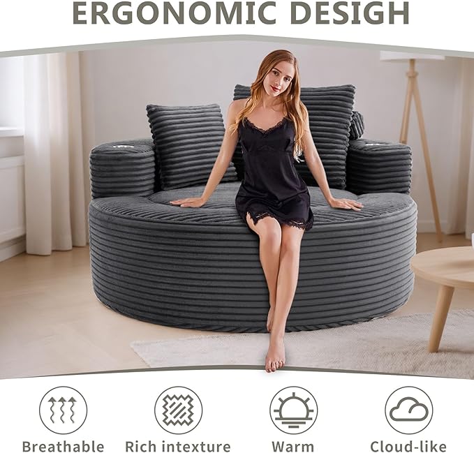 55 Oversized Round Boneless Couch Sofa Velvet Memory Foam Cloud Couches Lounge Chair Comfy Fluffy Single Sofa with 3 Pillows for Living Room Bedroom No Assembly Required (Grey +Velvet)