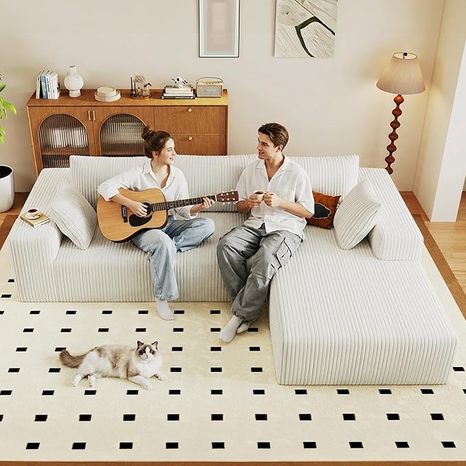 95 Cloud Sectional Couch with L-Shape Chaise Modular Comfy Sofa Chaise Longue Upholstered Corduroy Couches Sleeper with Deep Seat for Living Room Bedroom No Assembly Required(White Right Facing)