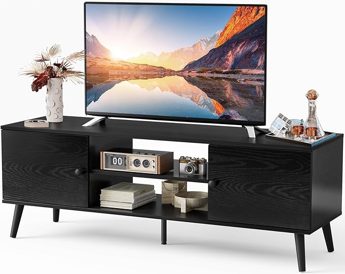 Sweetcrispy TV Stand for 55 60 inch TV Modern Mid Century Entertainment Center with Storage Cabinet Media Console Table for Living Room Soft Hinge Handle Door Wooden Office Furniture Tank
