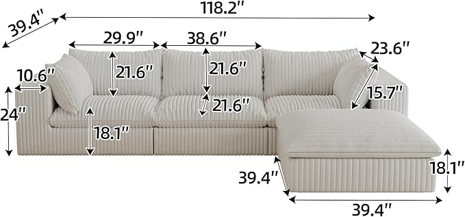 Cloud Compressed Modular Sectional Sofa 118 Oversized L-Shaped Corduroy Couch with 39 Deep Seat &amp Large Ottoman Soft Frameless Sponge Pit Sofa for Movie Room &amp Living Room | Plush Wider A