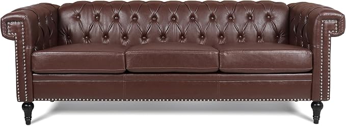 83.66''Chesterfield Sofa Mid Century Modern Tufted Sofas with Rolled Arms and Nailhead 3-Seat Upholstered Leather Sofa Couch with Solid Wood Legs for Living Room Office Dark Brown PU