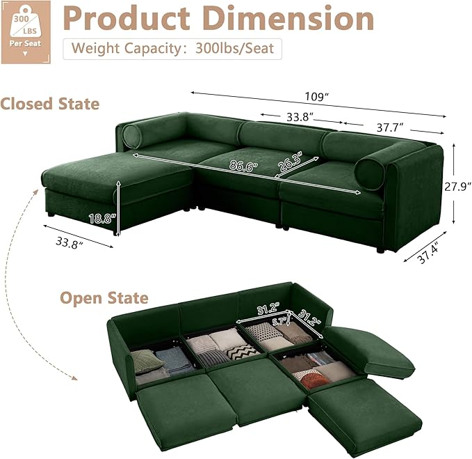 Oversized Modular Sectional Sofa 109 Chenille L-Shaped Sofa with Cylindrical Backrest &amp Armrest Modern Comfy 3-Seat Sofa with Ottoman Upholstered Deep Seat Couch for Living Room Green