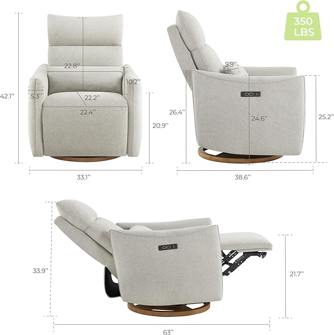 CHITA Swivel Rocker Recliner Chair Power Nursery Glider Recliner Nursery Rocking Chair with Adjustable Power Headrest FSC Certified Solid Wood Base Crockery (Gray)