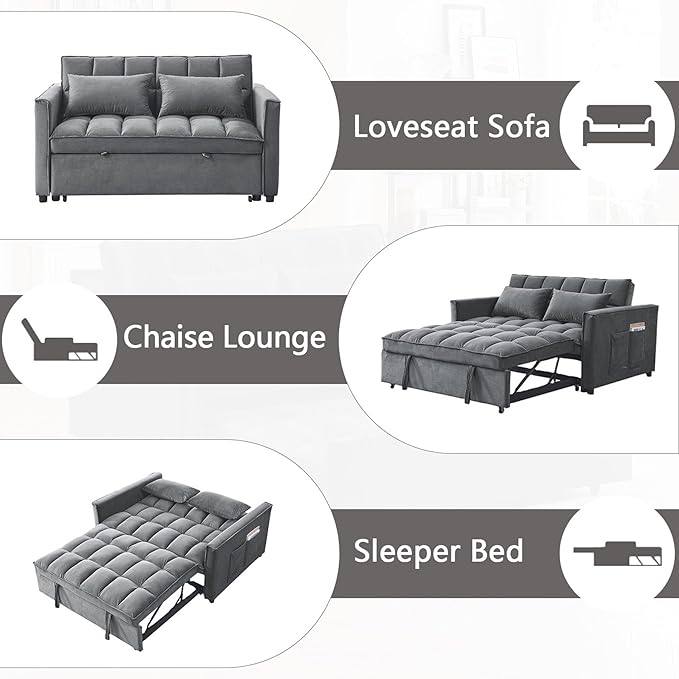54 Convertible Sofa Bed Velvet Sleeper Sofa with Pull-Out Bed 3-in-1 Futon Couch with Reclining Backrest and Side Pocket Modern Loveseat for Living Room (Medium Grey)