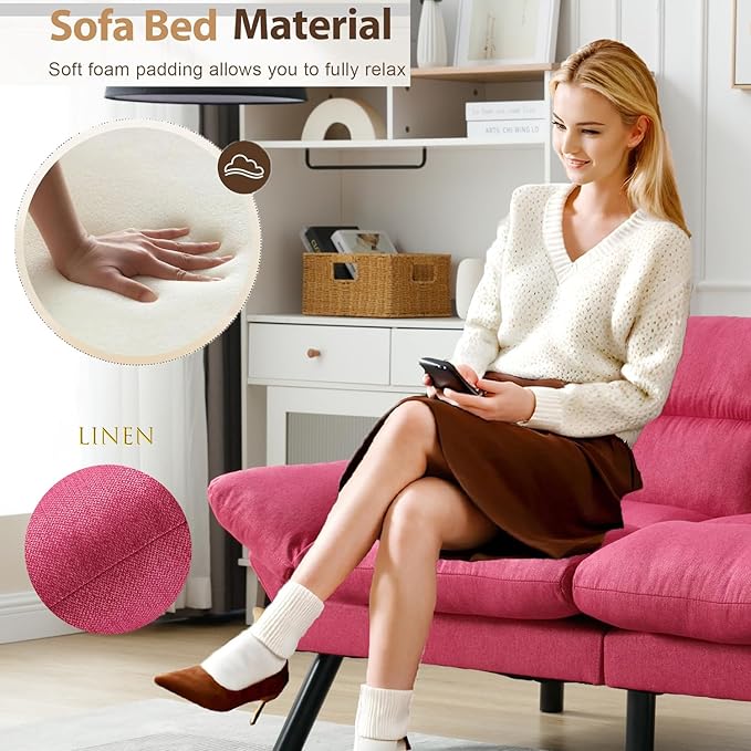 70“Futon Sofa BedConvertible Folding Futon Couch Breathable Small CouchUpholstered Double Loveseat Bed for Compact Living Studio in Room and BedroomOfficesFamilyDorm (Rose Red Linen)