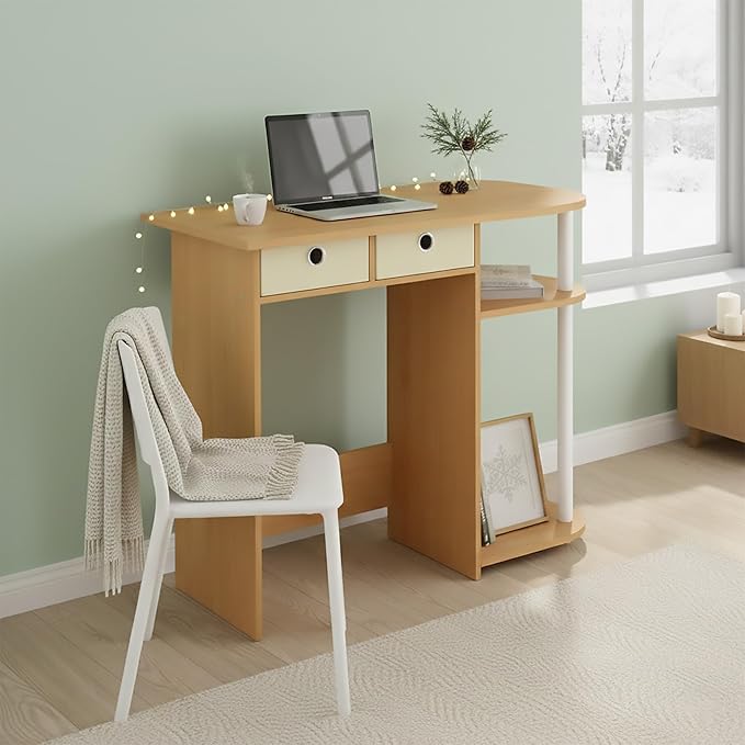 Ipoh Home Computer Desk 32 Inch Writing Desk Study Desk with Side Shelves and Bin Storage for Home Office Study Room Natural/White