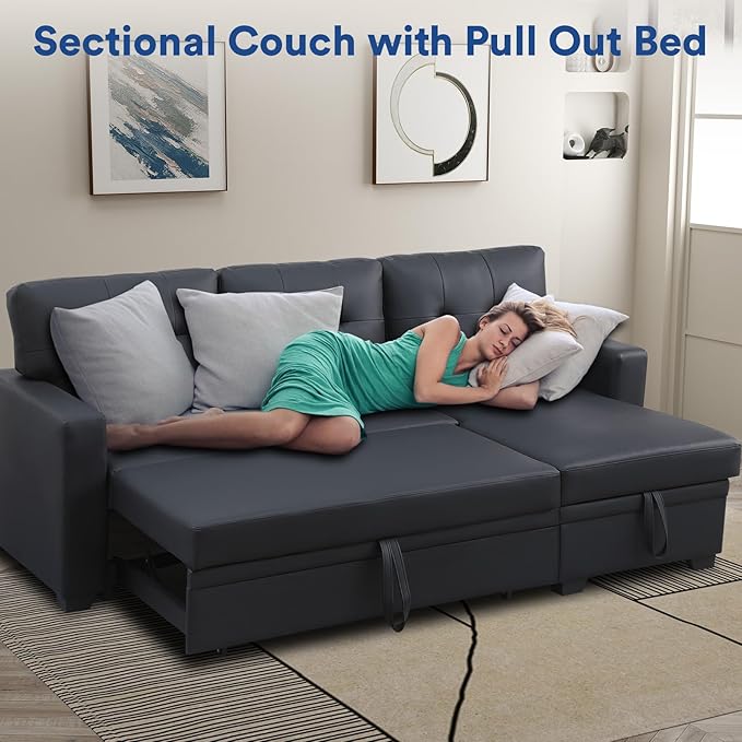 Rovibek 4-in-1 Convertible L Shaped Sofa Bed 82 Sleeper Sofa Couch with Pullout Bed Convertible Sleeper Sofa with Storage Chaise Small Couches for Paces Living Room Office Apartment