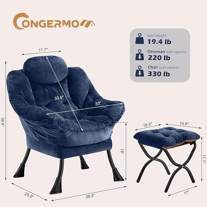 Lazy Chair with Folding OttomanLeisure Sofa ChairSoft Fabric Armchair with Armrests and Side Pockets Reading Chair with Footrest for Living Room Bedroom Office (Plush Navy)
