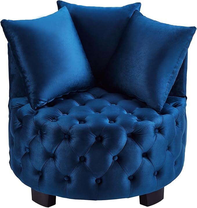 Velvet Accent Lounge Chair - 31.25''W Upholstered Button Tufted Velvet Barrel Chair with 3 Pillows with Button Tufted Modern Round Club Chair Reading Sofa Chair (Navy Blue)