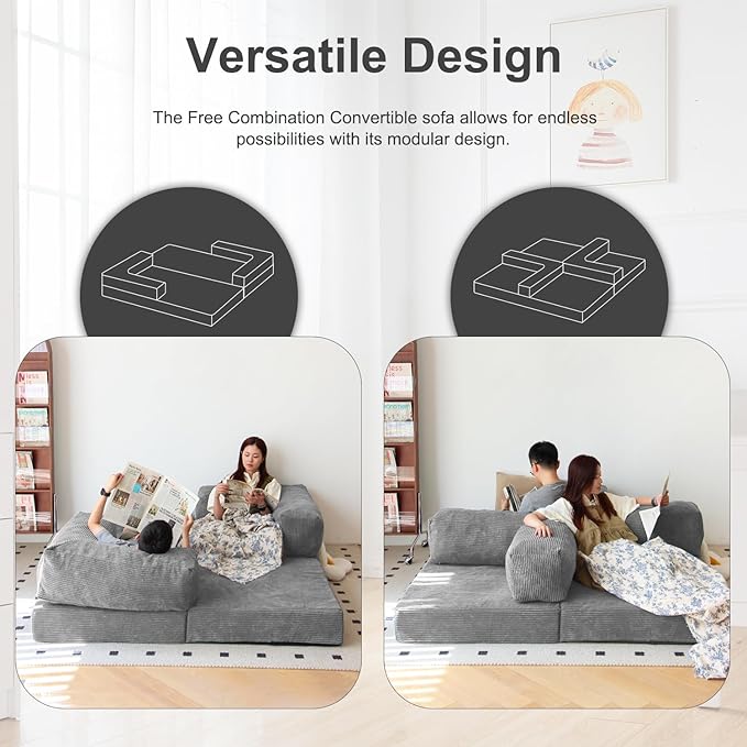 Free Combination Convertible Folding Sofa Bed Armless Foam Floor Sofa Sleeper Floor Couch for Living Room and Bedroom Sleeper Chair with Pillow Twin Size (Harbour Grey)