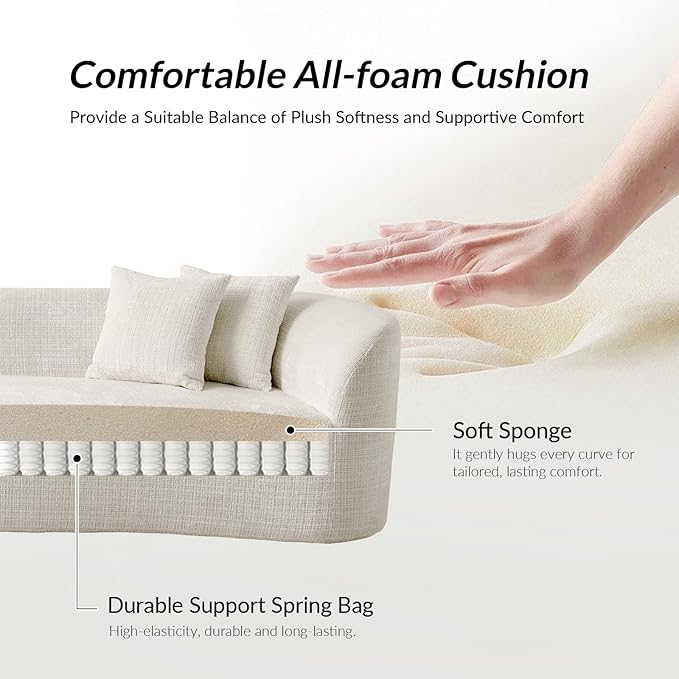 141.75 Modern Curved Compressed Sofa All-Foam Cloud Couches with 4 Pillows No Assembly Required Boneless Sectional Sofas Large Floor Couch for Living Room Ivory