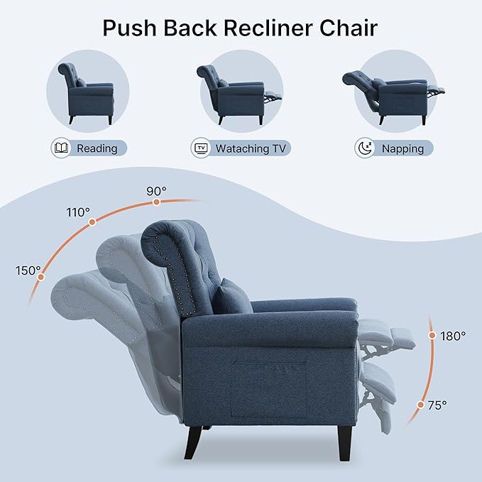 Pushback Recliner Chair Accent Push Back Chair with Adjustable Footrest Upholstered Linen Fabric Reclining Sofa with Side Pocket Comfy Modern Armchair for Living Room Navy Blue