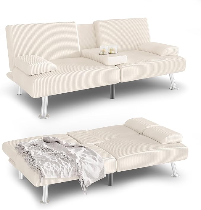 YESHOMY Futon Sofa Bed Futon Couch with Adjustable Backrest Convertible Sleeper Sofa with Removable Armrests Loveseat in Corduroy with 2 Cup Holders for Living Room Apartment (Beige)