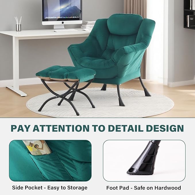 Tiita Lazy Chair with Ottoman Green Modern Large Accent Chair Comfy Leisure Sofa Armchair with Ottoman Reading Chair with Footrest for Bedroom Living Room Dorm Rooms Velvet Green