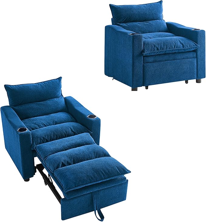 Sleeper Chair 3 in 1 Convertible Pull Out Chair Sleeper with Bracket and Cup Holder Chairs Bed Sleepers for Adults Adjustable Sofa Bed Chairs for Living Room Small Spaces Blue