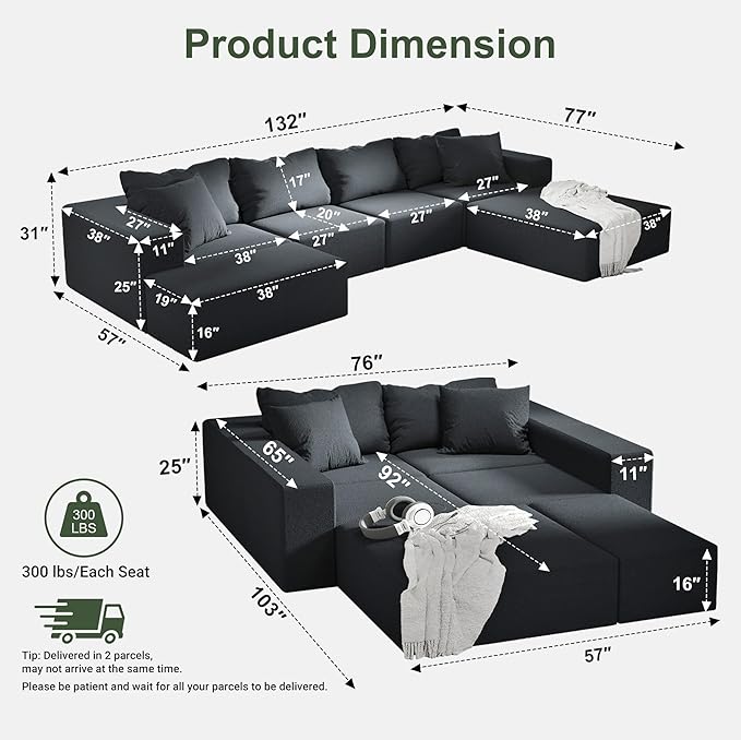 132 Modular Sectional Sofa Cloud Couch Sectional Modern Chenille Upholstered L-Shaped Sofa Set with 6 Pillows Deep Seat Comfy Couch for Living Room Free Combination No Assembly Required (Black)