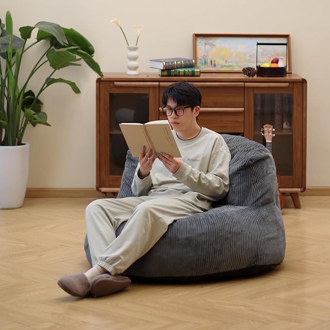 N&ampV Large Crescent Bean Bag Chair Adult Size Bean Bag Sack Foam Filling Soft Premium Corduroy Bean Bag for Living Room Bedroom Dorm and Office (Frost Gray)