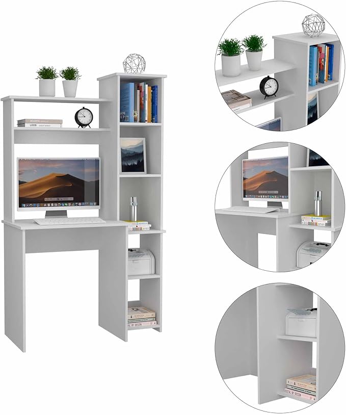 Penau White 6-Shelf Writing Desk with Built-in Bookcase Durable Particle Board Construction Stylish Home Office Furniture with Extensive Storage
