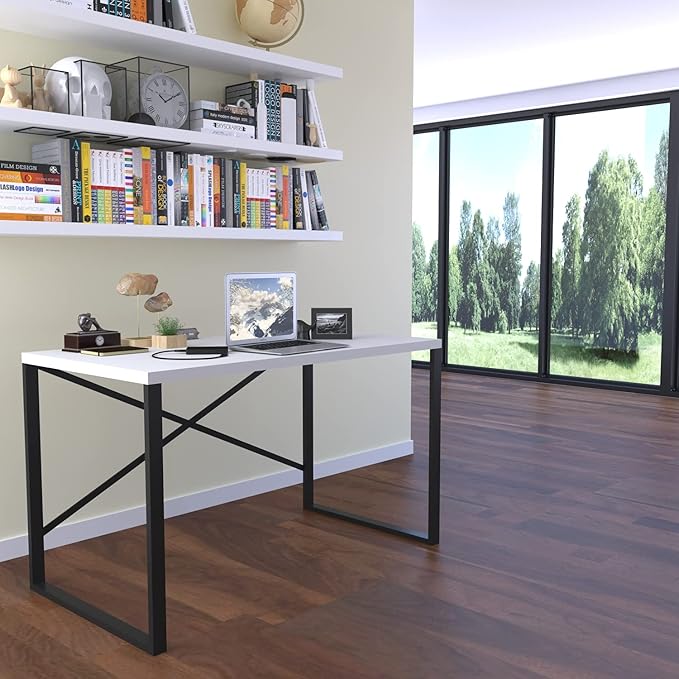 Furnish Home Store Lator Black Metal Frame 35 Wooden Top Small Writing and Computer Desk for Teens Bedroom White