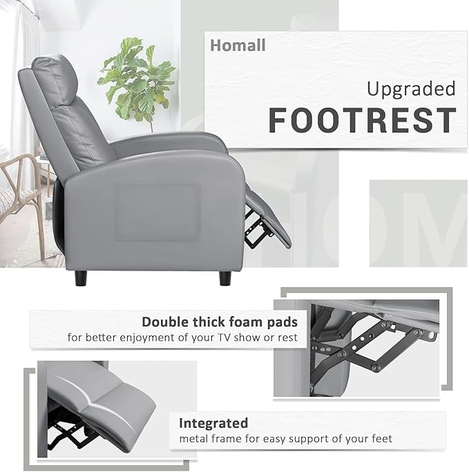 Homall Recliner Chair Recliner Sofa for Adults Recliners Home Theater Seating with Lumbar Support Reclining Sofa Chair for Living Room (Leather Grey)