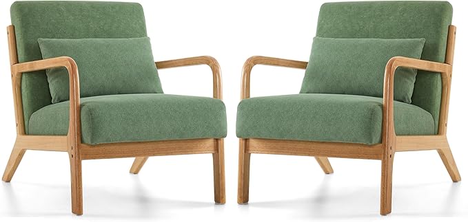 Mid Century Modern Accent Chair Set of 2 Upholstered Chair for Living Room Accent Chair with Lumbar Pillow Solid Wood Frame Reading Chair Armchair for Bedroom Small Spaces Green