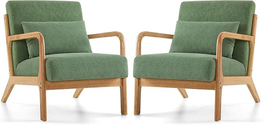 Mid Century Modern Accent Chair Set of 2 Upholstered Chair for Living Room Accent Chair with Lumbar Pillow Solid Wood Frame Reading Chair Armchair for Bedroom Small Spaces Green