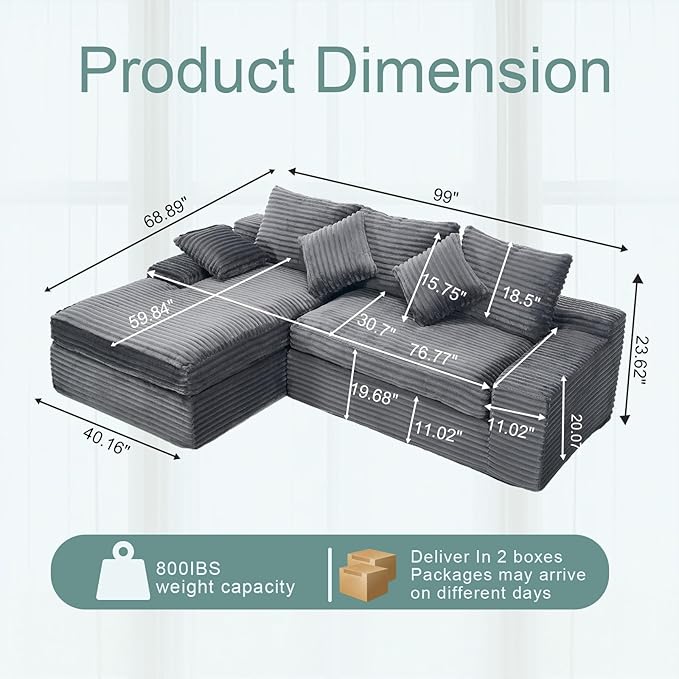 Modern Cloud Sectional Couch with L-Shape Chaise Modular Boneless Sofa with Deep Seat Comfy Plush Upholstered Couches for Living Room Apartment No Assembly Required Grey (Corduroy)