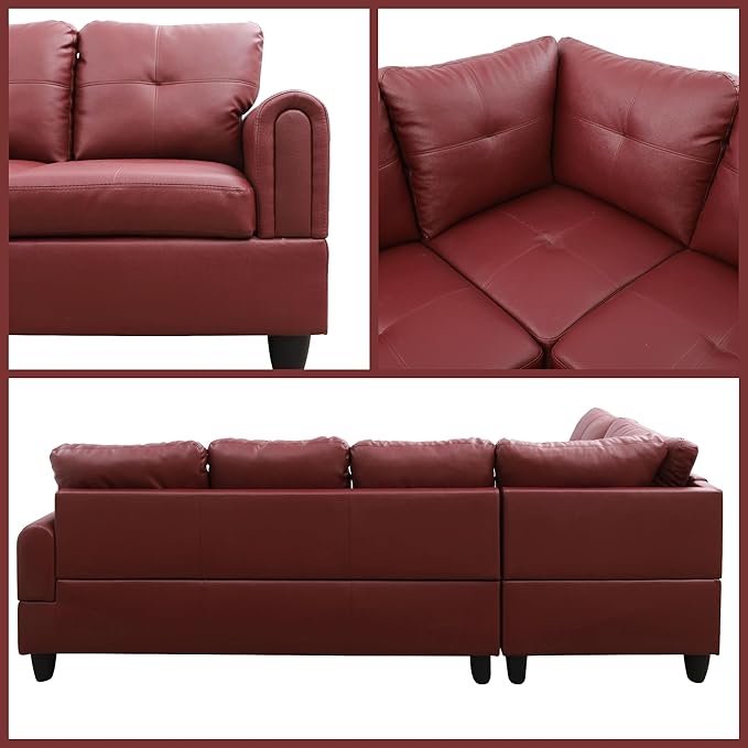 L Shaped Couch Sectional Couches with Chaise 3 Pieces Modular Convertible Sofa for Living Room Furniture Sets and Small Apartment Faux Leather Ruby