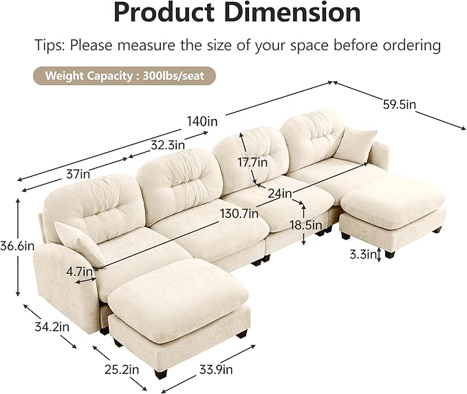 140 U Shaped Couch for Living Room Comfy Chenille Fabric Cloud Sectional Couch Modern Upholstered Deep Seat Sofa with Pillow and 2 Movable Ottoman Oversized 4 Seater Sectional Sofa Beige
