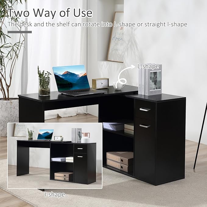 L Shaped Computer Desk 180° Rotating Corner Desk with Storage for Home Office
