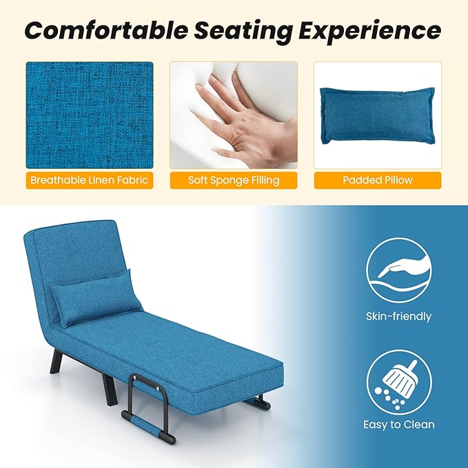 S AFSTAR 4 in 1 Convertible Sofa Bed Sleeper Chair Folding Sofa Arm Chair with Pillow and 6 Position Adjustable Backrest Full Padded Lounger Couch Bed for Home/Office (Blue)