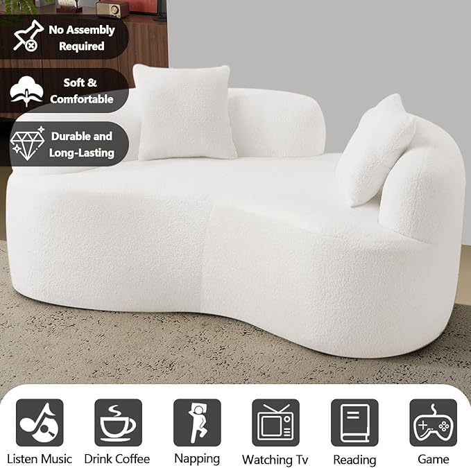 67 White Curved Loveseat with Round Armrest Round Couch in a Box Boneless Curved Sofa for Living Room Bedroom Small Space Teddy No Assembly Broken Design (White)
