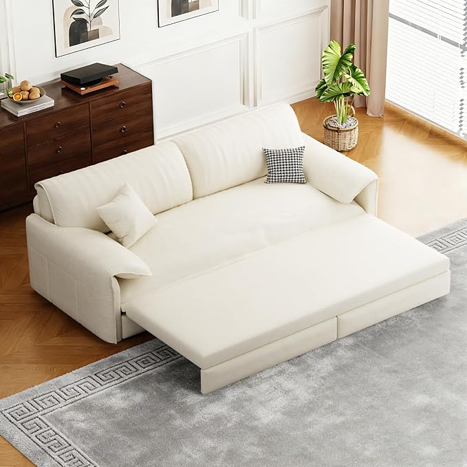 66 Queen Pull Out Couch BedVelvet 3-in-1 Queen-Size Sleeper SofaConvertible Pull-Out Sofa Bed with Side PocketsSleeper Loveseat for Living RoomApartment Offices (Beige)