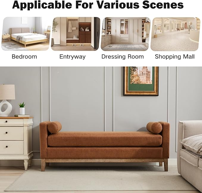 Chifee &amp Vingol 66 End of Bed Bench King Size Upholstered Leather Bench for Bedroom Entryway Brown