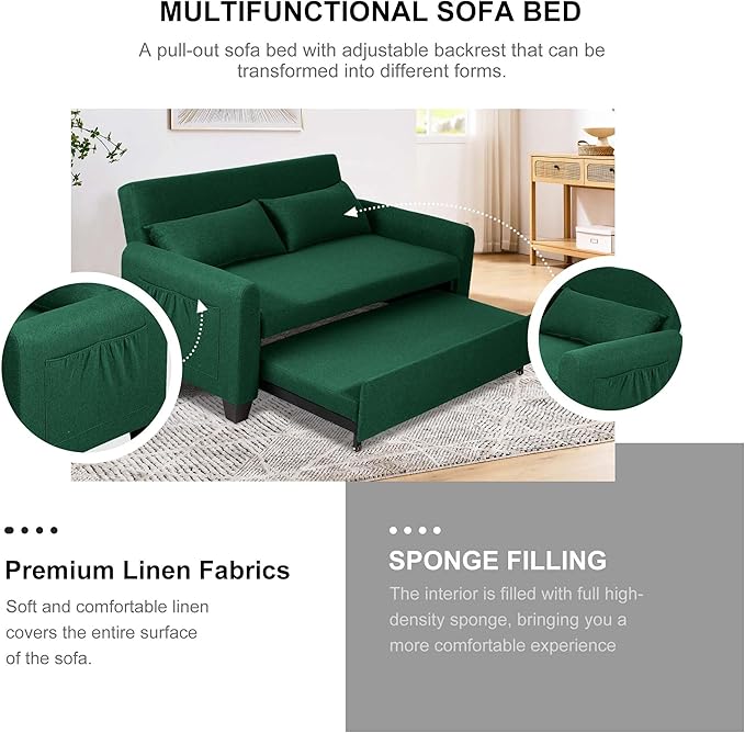 66 Black Sofa Sleeper Loveseat Sofa Bed Queen Size Pull Out Couch with 2 Pillows Pocket &amp Adjustable Backrest Small Couch Bed for Small Spaces Bedroom Apartment Living Room (Green 67) | C