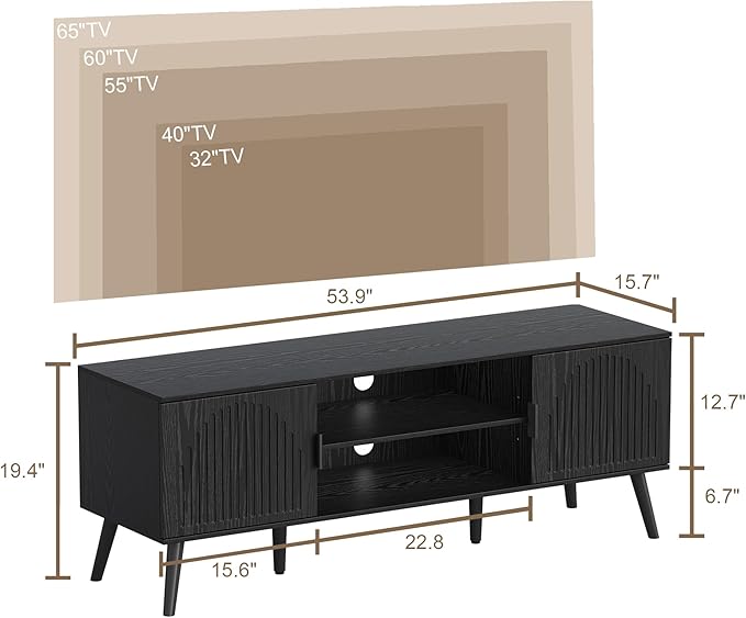 ChooChoo TV Stand for 55/60 Inch TV Mid Century Modern TV Stand Entertainment Center with Storage Cabinet and Open Shelves TV Console Table Media Cabinet for Living Room and Bedroom Black