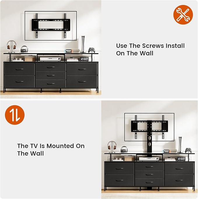 REAHOME TV Stand with Mount 63 Entertainment Center for 32/45/55/60/65/70 inch TVs Media Console Table with 7 Drawers Height Adjustable Mount Dresser TV Stand for Living Room Carbon Fiber Black