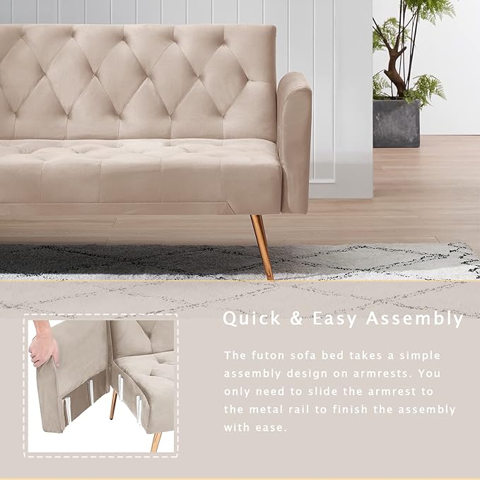 KINFFICT Velvet Futon Sofa Bed with 2 Pillows Convertible Sleeper Sofa Couch with 3 Angle Adjustable Backrest Modern Loveseat with 4 Golden Metal Legs for Living Room and Bedroom