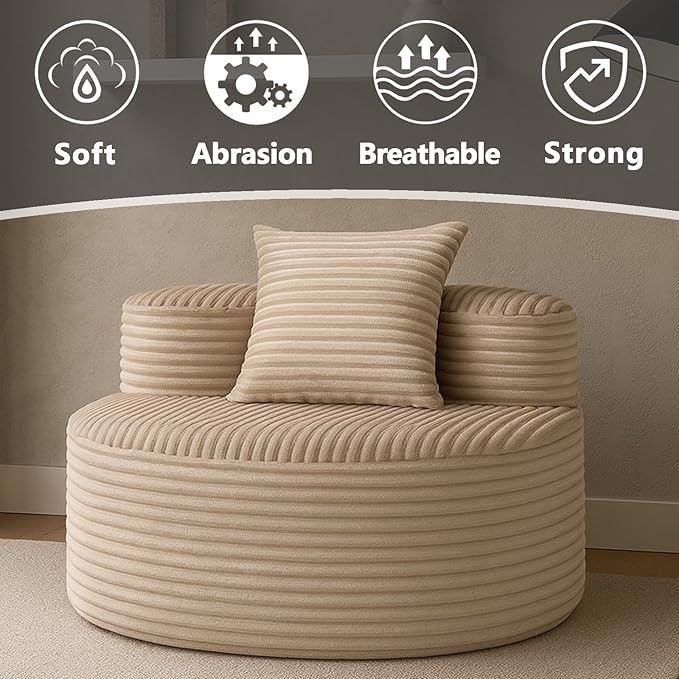 45 Oversized Round Chair Boneless Reading Chair with Comfy Pillow for Living Room Circle Cloud Chair for AdultsCorduroy Memory Foam Large Seat No Assembly Required (Beige)