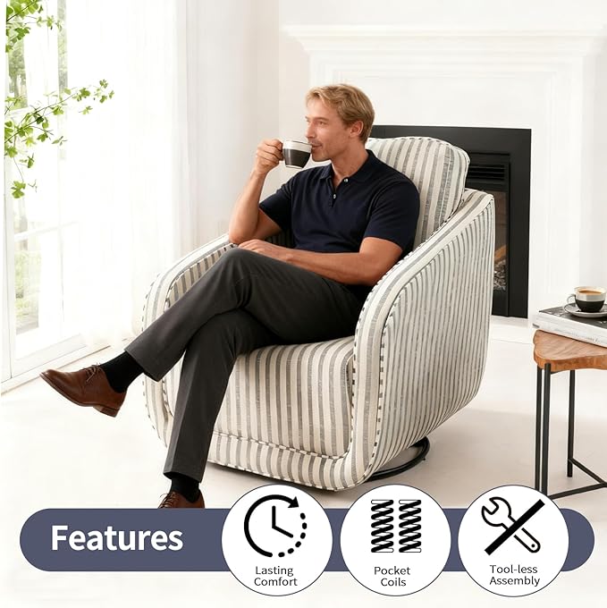 Swivel Barrel Accent Chair Set of 2 360 Degree Comfy Swivel Reading Chair with Removable Back Modern Sofa Chair with Oversize Base for Living Room Bedroom Office(Blue Stripe)