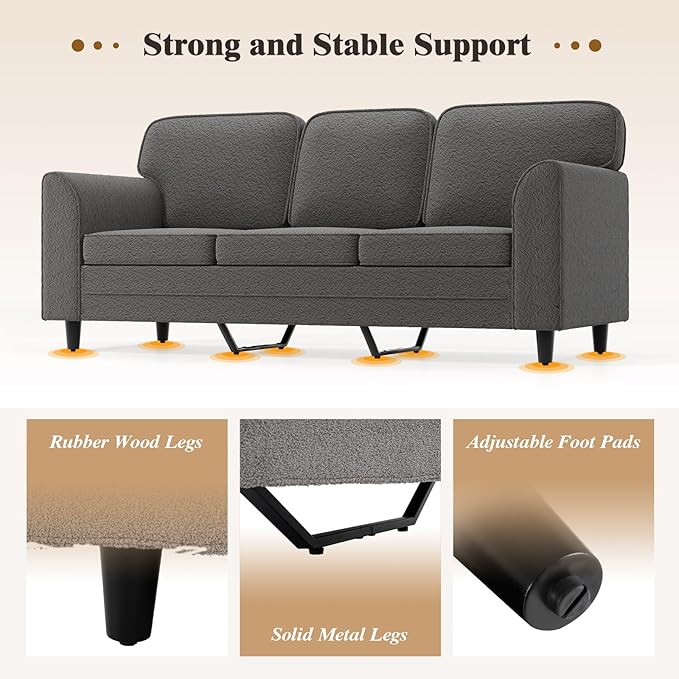 Giantex 3 Seater Couch - 79” Mid Century Modern Upholstered Sofa with Armrests Sturdy Legs Teddy Fleece Comfy Couches for Living Room Bedroom Small Space Apartment and Office (Gray)